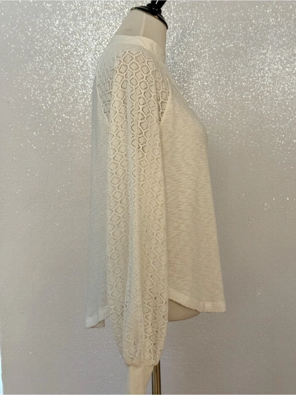 Free People Sweetest Thing Thermal Top Ivory Lace Sleeve Boho Cottagecore